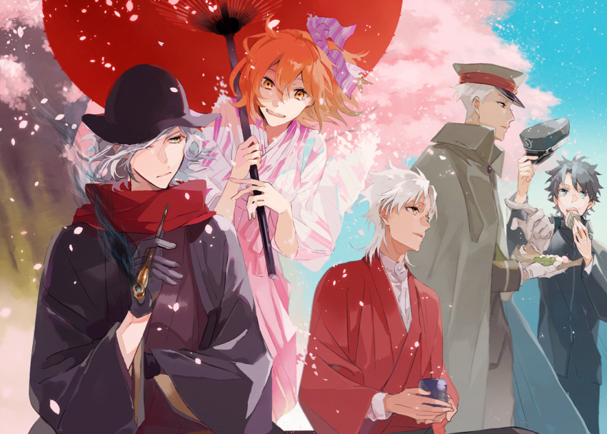 1girl 4boys alternate_costume archer black_gloves black_hair blue_eyes blue_sky cherry_blossoms cloak cup dango dark_skin dark_skinned_male day eating edmond_dantes_(fate/grand_order) fate/apocrypha fate/grand_order fate/stay_night fate_(series) food fujimaru_ritsuka_(female) fujimaru_ritsuka_(male) gloves hair_over_one_eye hair_ribbon hakama hakama_skirt haori hat hat_removed headwear_removed holding holding_cup holding_food holding_hat holding_pipe holding_umbrella japanese_clothes kotomine_shirou meiji_schoolgirl_uniform military military_uniform multiple_boys open_mouth orange_eyes orange_hair oriental_umbrella outdoors parasol parted_lips pink_hakama pipe pointing red_scarf ribbon sakamoto_bin sanshoku_dango scarf school_uniform shirt short_hair short_ponytail side_ponytail sky smoke tree umbrella uniform wagashi white_hair white_shirt wide_sleeves yellow_eyes