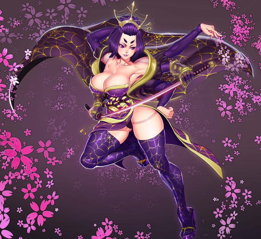 1girl absurdres animal_print arm_up armpits black_panties borrowed_character breasts cleavage extra_arms hand_on_hip high_heels highres japanese_clothes katana kimono lady_onikumo large_breasts monster_girl multiple_arms nikita_varb original panties purple_legwear smile solo spider_print sword thick_eyebrows thick_thighs thigh-highs thighs underwear weapon