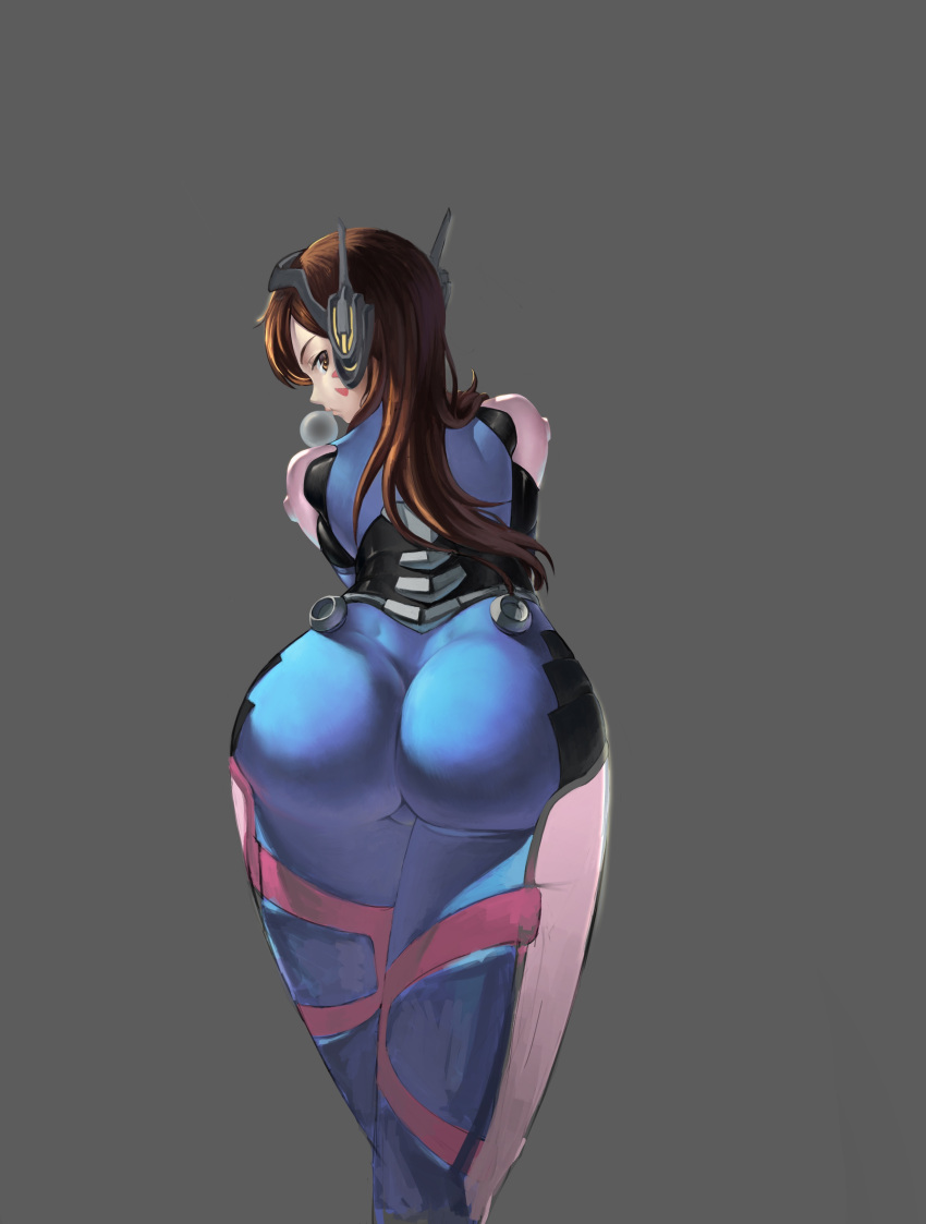 1girl absurdres ass bangs blue_bodysuit bodysuit boots brown_eyes brown_hair bubble_blowing chewing_gum cowboy_shot d.va_(overwatch) facepaint facial_mark from_behind grey_background gun headphones high_collar highres jinji_de_nang legs_together long_hair long_sleeves looking_at_viewer looking_back overwatch pauldrons pilot_suit ribbed_bodysuit shoulder_pads simple_background skin_tight solo standing thigh-highs thigh_boots thigh_strap weapon wedgie whisker_markings white_boots