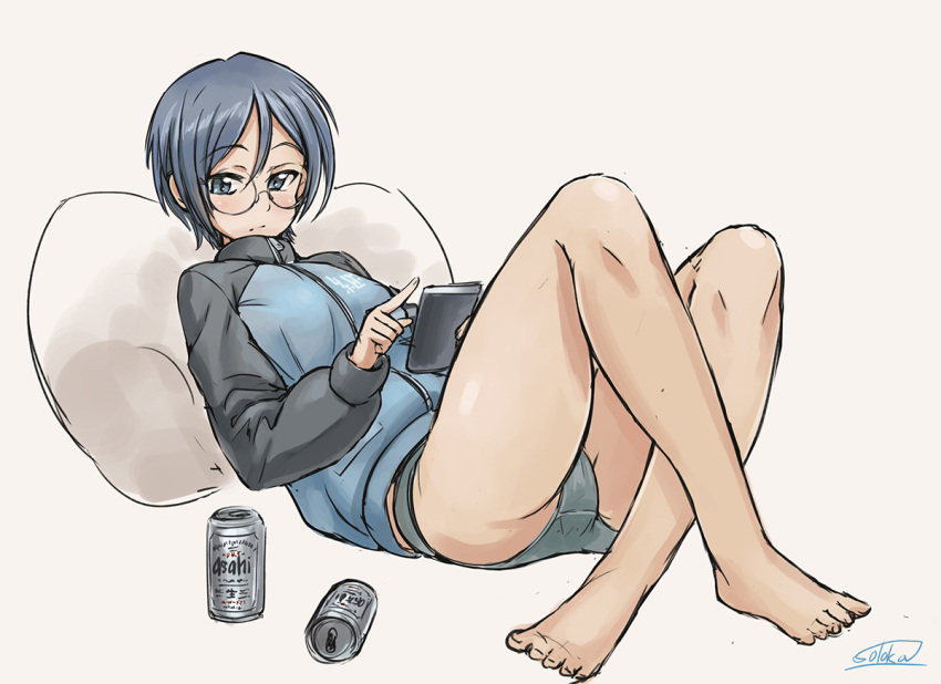 1girl artist_name asahi_breweries bangs beer_can blue_jacket can cellphone closed_mouth full_body girls_und_panzer glasses grey_eyes grey_hair grey_panties holding holding_cellphone holding_phone jacket keizoku_military_uniform long_sleeves looking_at_viewer lying military military_uniform no_pants on_back panties phone pillow raglan_sleeves round_glasses rumi_(girls_und_panzer) short_hair signature smartphone solo solokov_(okb-999) track_jacket underwear uniform white_background