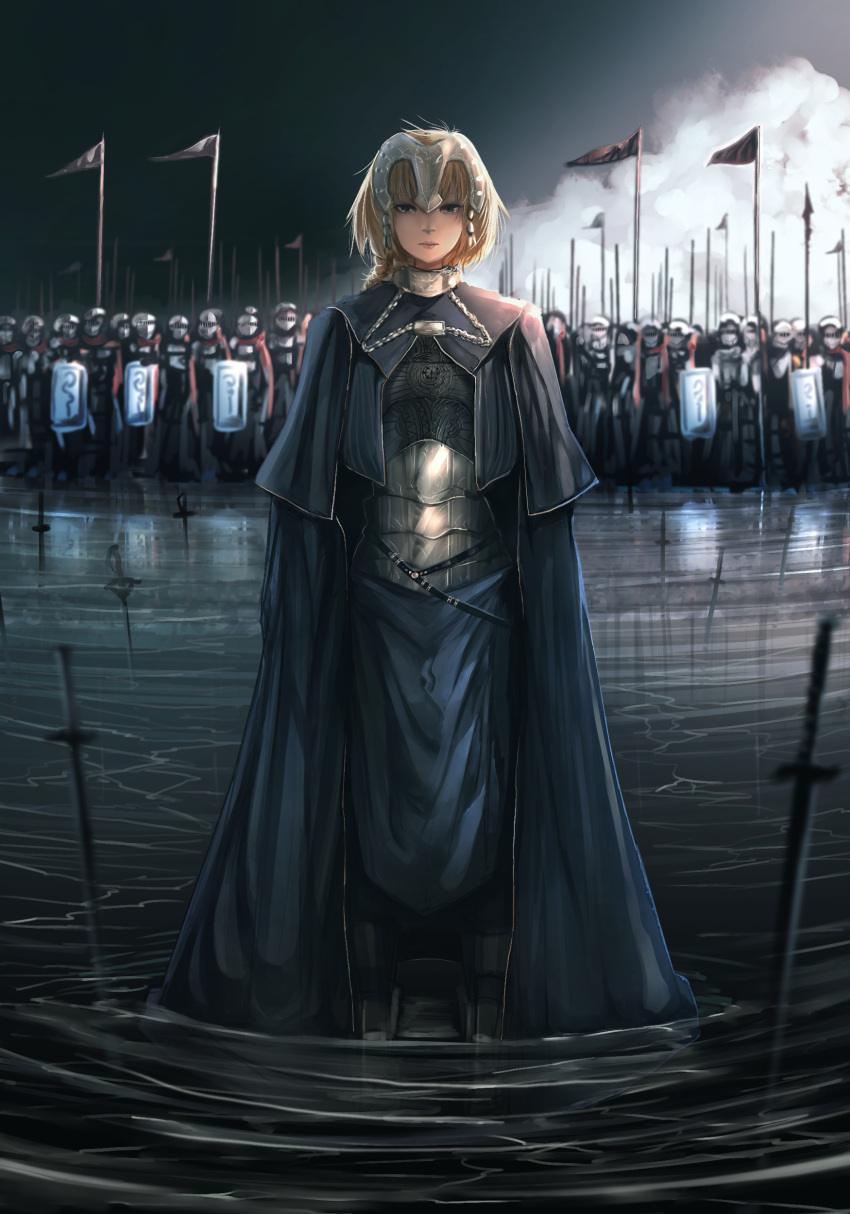 1girl 6+boys absurdres anonamos armor armored_dress belt blonde_hair braid brown_eyes cape clouds fate/apocrypha fate/grand_order fate_(series) frown headpiece highres lance long_hair multiple_boys partially_submerged pennant polearm ripples ruler_(fate/apocrypha) shield sword water weapon