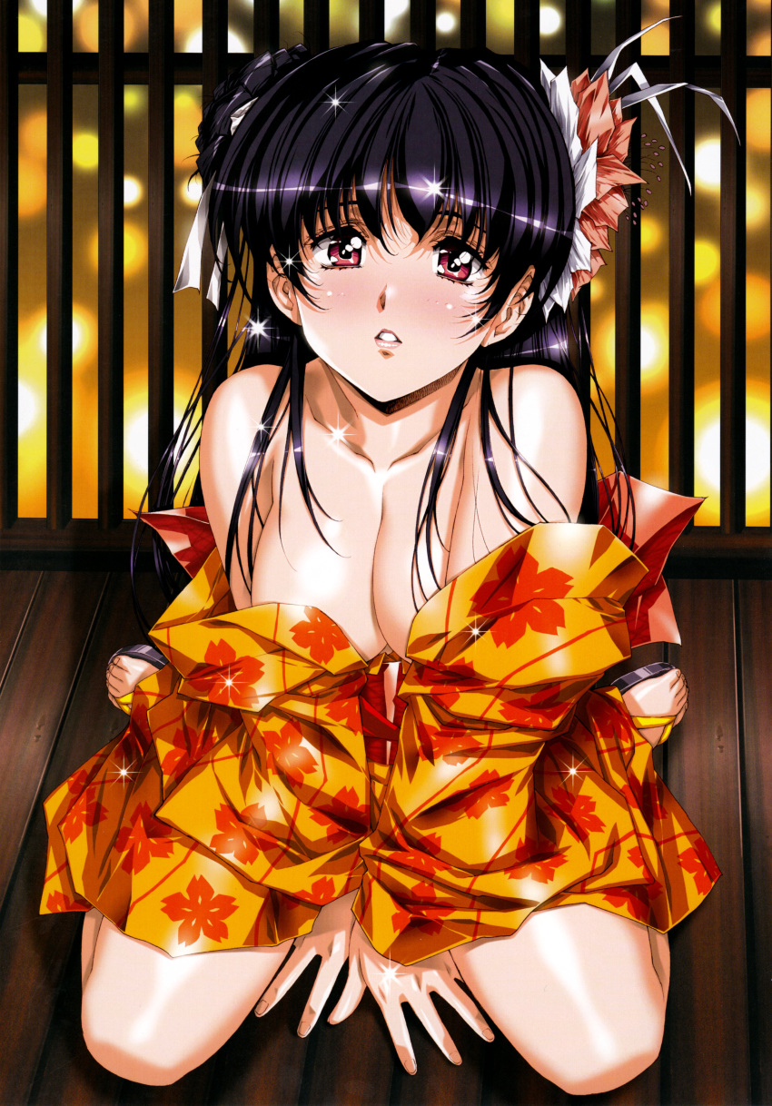 1girl absurdres bangs bare_shoulders black_hair blush breasts cleavage comic_tenma flower hair_flower hair_ornament highres indoors japanese_clothes kimono lipstick long_hair looking_at_viewer makeup medium_breasts sandals scan shiny shiny_hair shiny_skin sitting solo urushihara_satoshi violet_eyes