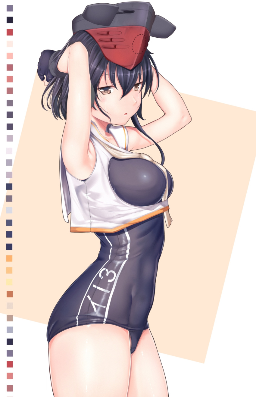 1girl armpits arms_behind_head asymmetrical_hair black_hair blue_swimsuit blush breasts brown_eyes character_name chiyo_goya cowboy_shot framed_breasts from_side gloves hair_between_eyes headphones highres i-13_(kantai_collection) kantai_collection looking_at_viewer medium_breasts one-piece_swimsuit partly_fingerless_gloves sailor_collar school_swimsuit short_hair single_glove swimsuit thighs tsurime
