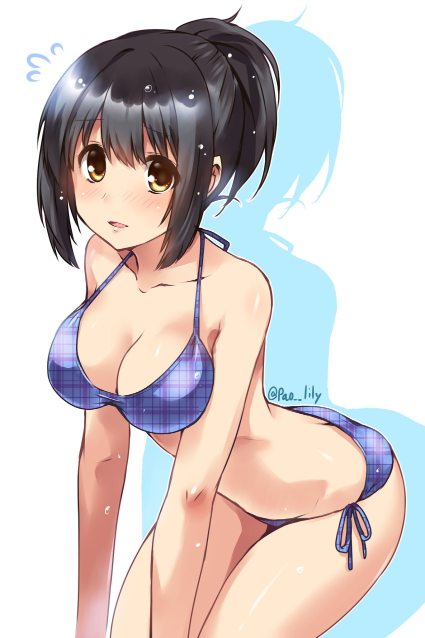 1girl bikini black_hair blue_bikini blush breasts brown_eyes cleavage collarbone cowboy_shot eyebrows_visible_through_hair flying_sweatdrops highres idolmaster idolmaster_cinderella_girls leaning_forward looking_at_viewer medium_breasts paopao plaid plaid_bikini short_hair short_ponytail side-tie_bikini simple_background solo swimsuit takafuji_kako wet white_background