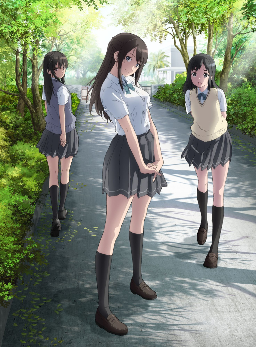 3girls :d arms_behind_back black_eyes black_hair black_legwear black_skirt bow bowtie brown_eyes day dress_shirt full_body green_bow green_bowtie grey_sweater hands_together head_tilt highres kneehighs leaning_forward long_hair looking_at_viewer looking_back miniskirt miyamae_tooru multiple_girls open_mouth outdoors pleated_skirt school_uniform seiren shirt short_sleeves skirt smile sunlight sweater touno_kyouko tree tsuneki_hikari white_shirt yellow_sweater