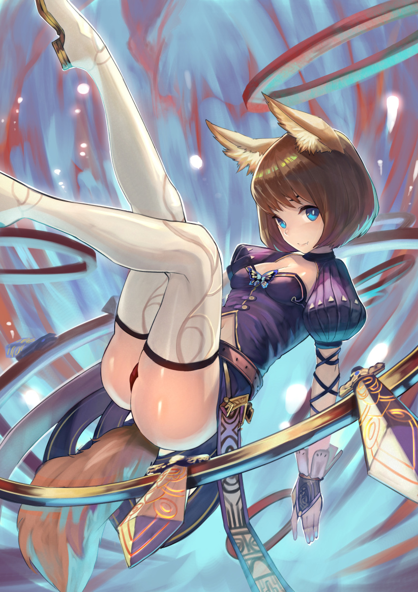 1girl absurdres animal_ears ass bangs belt blue_dress blue_eyes bob_cut boots breasts brown_hair cleavage cleavage_cutout closed_mouth dress fang fang_out gloves highres lard_(kumazakiyuta) legs_up looking_at_viewer navel navel_cutout original puffy_short_sleeves puffy_sleeves short_hair short_sleeves skindentation small_breasts smile solo sword tail thigh-highs thigh_boots weapon white_boots white_gloves white_legwear