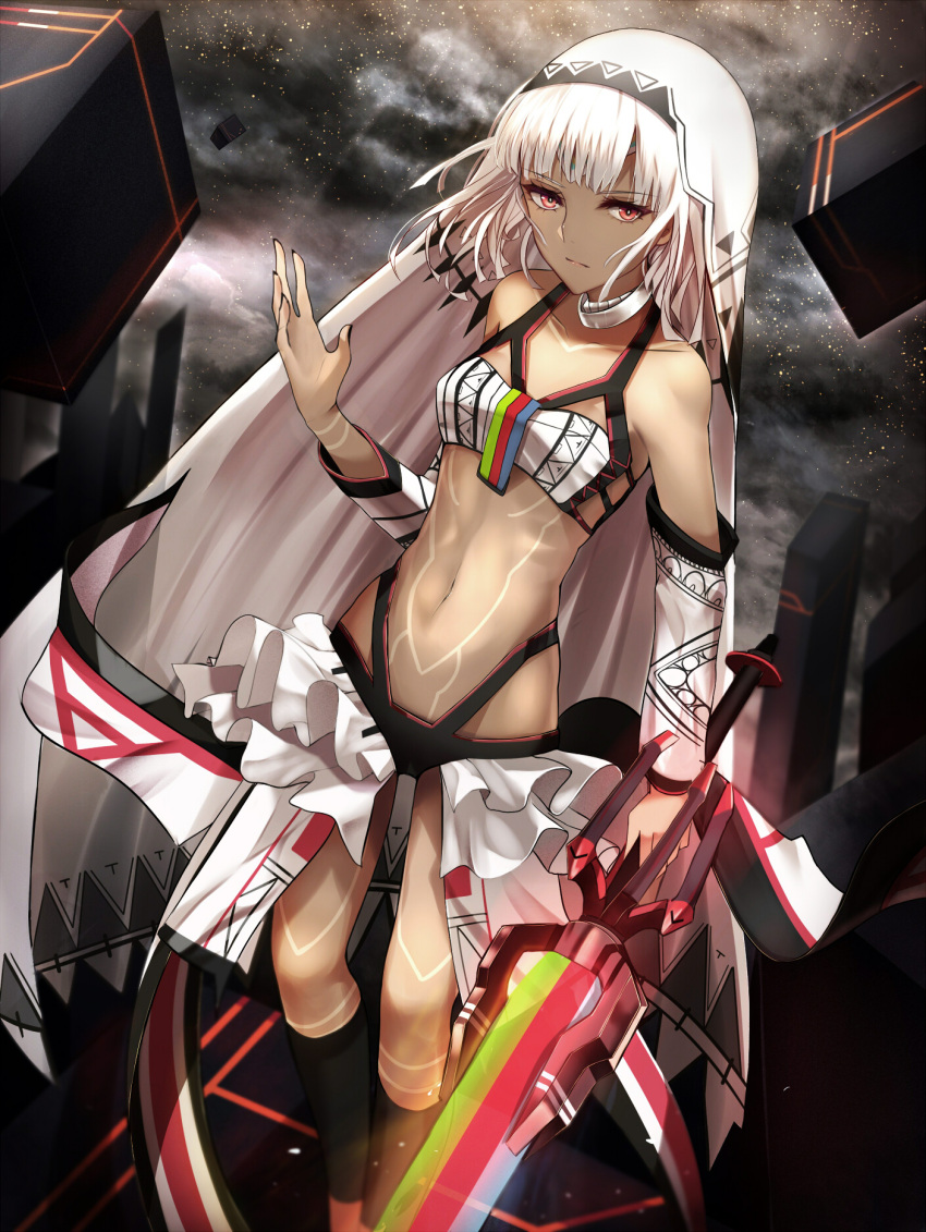 1girl altera_(fate) bandeau bangs bare_shoulders black_nails breasts choker closed_mouth clouds collarbone dark_clouds dark_skin dark-skinned_female detached_sleeves expressionless fate/extella fate/extra fate/grand_order fate_(series) frills highres holding holding_sword holding_weapon light_particles looking_at_viewer midriff nail_polish navel red_eyes shiguru short_hair small_breasts solo standing sword tattoo veil weapon white_hair