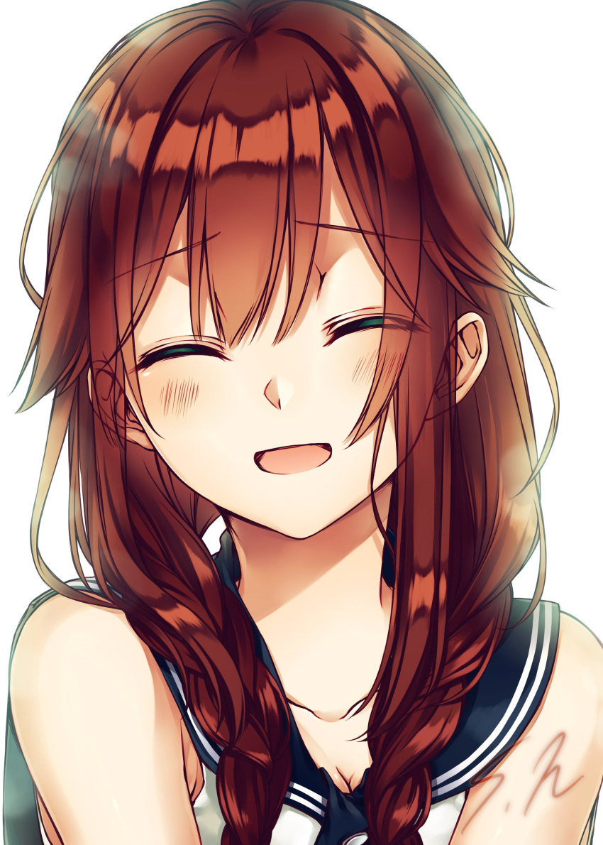 1girl :d absurdres bare_shoulders blush braid breasts brown_hair cleavage closed_eyes collarbone eyebrows_visible_through_hair face hair_over_shoulder head_tilt highres kantai_collection long_hair low_twintails medium_breasts noshiro_(kantai_collection) open_mouth saijou_yukina sailor_collar simple_background smile solo tongue twin_braids twintails upper_body white_background