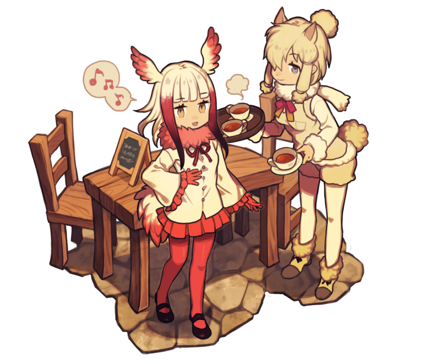 2girls :&gt; :d alpaca_ears alpaca_suri_(kemono_friends) alpaca_tail animal_ears arm_at_side bangs beamed_quavers beige_shorts beige_vest bird_tail bird_wings black_footwear black_ribbon black_shoes blonde_hair blue_eyes blunt_bangs boots breast_pocket buttons cafe chair collar crested_ibis_(kemono_friends) cup dot_nose drawstring eyebrows_visible_through_hair eyelashes fingernails from_side full_body fur-trimmed_boots fur-trimmed_sleeves fur_collar fur_trim gloves gradient_hair gradient_ribbon hair_bun hair_ornament hair_over_one_eye hair_ribbon hand_on_own_stomach head_wings highres holding holding_tray horizontal_pupils indoors jitome kemono_friends light_brown_eyes long_sleeves looking_at_viewer mary_janes menu multicolored multicolored_hair multicolored_ribbon multiple_girls music musical_note neck_ribbon open_mouth outline pantyhose pantyhose_under_shorts pink_ribbon pleated_skirt pocket quaver red_gloves red_legwear red_skirt redhead ribbon sakida_kiyu saucer shadow shirt shoe_ribbon shoes short_hair short_hair_with_long_locks shorts sidelocks singing skirt smile speech_bubble spoken_musical_note standing stone_floor swept_bangs table tail tareme tea teacup tray tress_ribbon two-tone_hair vapors vest white_background white_hair white_legwear white_shirt wide_sleeves wings wooden_chair wooden_table yellow_ribbon