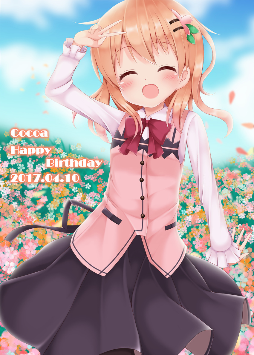 1girl arm_up bangs black_legwear black_skirt blue_sky blush bow bowtie breasts buttons character_name closed_eyes clouds collared_shirt commentary_request cowboy_shot dated day english eyebrows_visible_through_hair flower gochuumon_wa_usagi_desu_ka? hair_ornament hairclip happy_birthday highres hoto_cocoa long_hair long_sleeves minato_(ojitan_gozaru) number open_mouth orange_hair outdoors petals pink_vest rabbit_house_uniform red_bow red_bowtie shirt skirt sky small_breasts smile solo standing v vest white_shirt wind