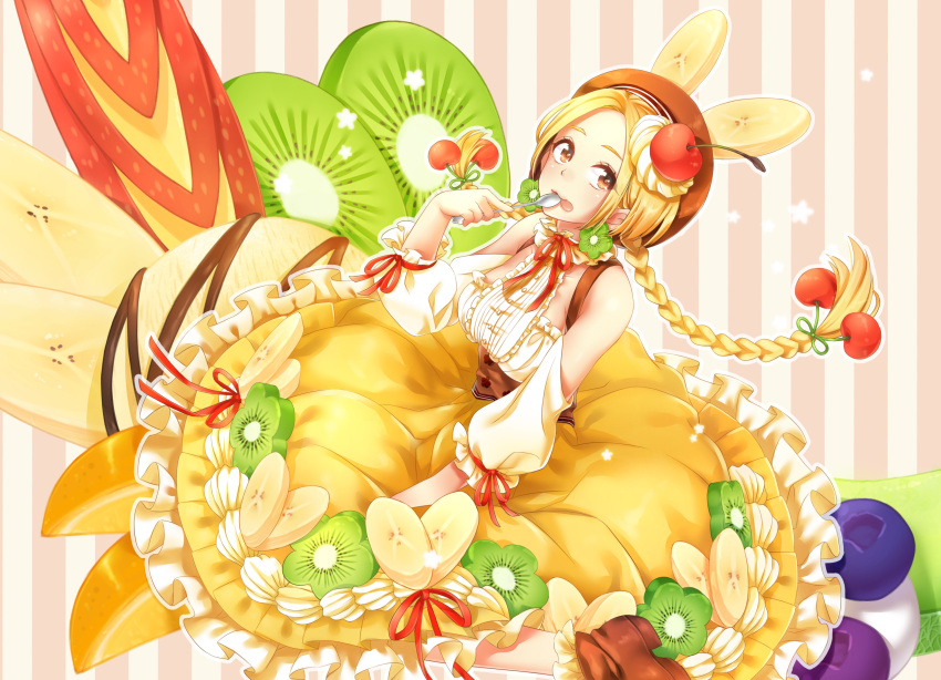 1girl :p apple banana bare_shoulders blonde_hair blueberry braid brown_eyes cherry chocolate choker cream detached_sleeves dress food food_as_clothes food_themed_clothes fruit hair_ornament hat ice_cream kiwi long_hair melon orange_(fruit) original ribbon ruffles shoes solo spoon star striped_background tongue twin_braids yellow_dress