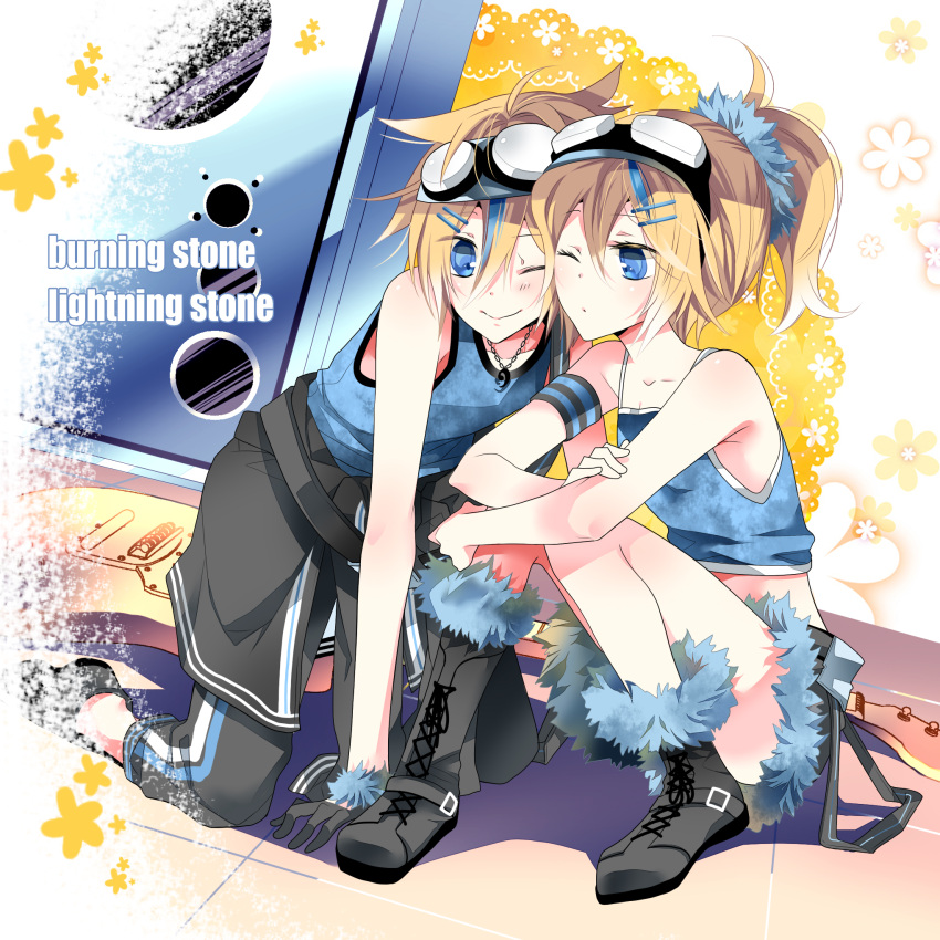 1boy 1girl armband bangs belt blonde_hair blue_eyes boots collarbone english eyelashes flower fur_trim gloves goggles goggles_on_head hair_ornament hairclip heterochromia highres jewelry kagamine_len kagamine_rin knees_up leg_hug midriff multicolored_hair necklace one_eye_closed ponytail project_diva_(series) project_diva_x shorts simple_background sitting sleeveless smile streaked_hair tank_top text tsuki1 vocaloid wristband