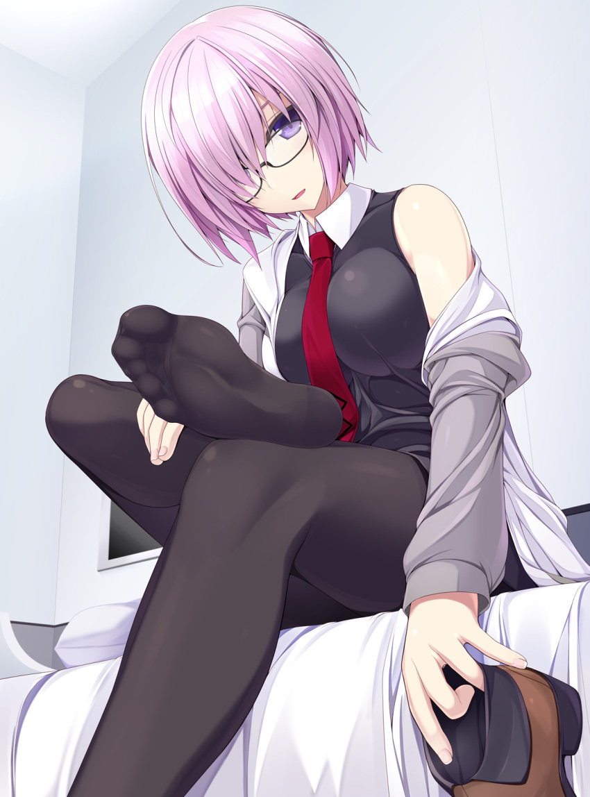 1girl bed bed_sheet black-framed_eyewear black_legwear breasts fate/grand_order fate_(series) feet fingernails glasses hair_over_one_eye highres holding_shoe impossible_clothes impossible_shirt jacket leg_up long_sleeves looking_at_viewer medium_breasts naturalton necktie no_shoes off_shoulder on_bed open_mouth pantyhose pillow pink_hair red_necktie shielder_(fate/grand_order) shirt shoes_removed short_hair single_shoe sitting sleeveless soles solo toes violet_eyes