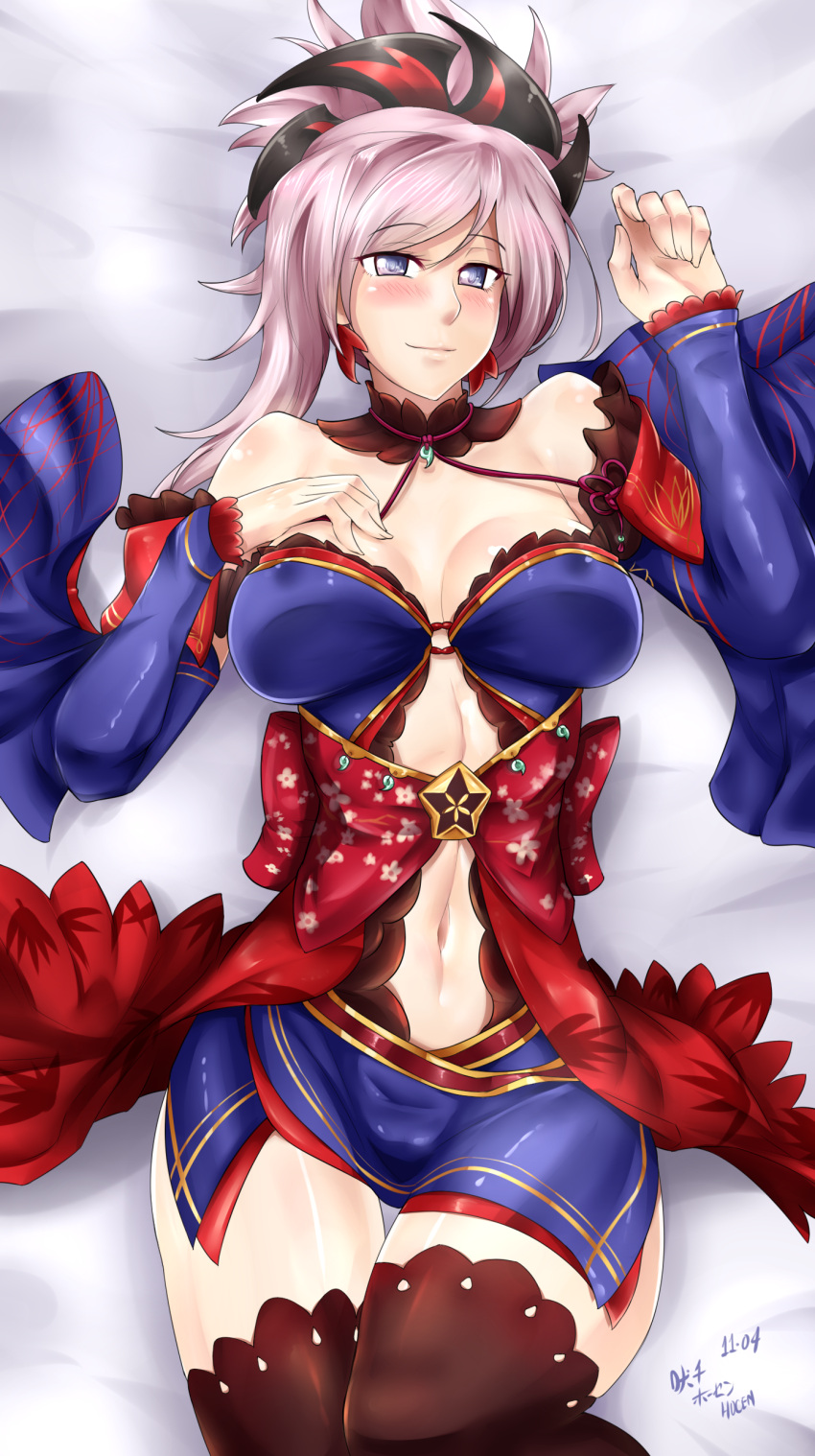 absurdres asymmetrical_hair bare_shoulders bed black_legwear blue_eyes blush breasts cleavage dakimakura detached_collar detached_sleeves earrings fate/grand_order fate_(series) floral_print hair_ornament highres japanese_clothes jewelry large_breasts long_sleeves looking_at_viewer lying magatama midriff miyamoto_musashi_(fate/grand_order) navel on_back pink_hair ponytail sash thigh-highs thighs vilde_loh_hocen