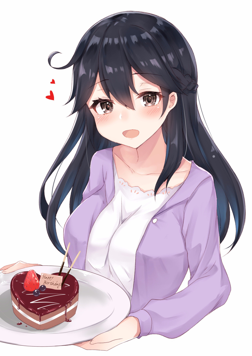 1girl :d absurdres blush braid breasts buttons cake casual chocolate_cake coffeedog collarbone commentary_request cowlick eyebrows_visible_through_hair food french_braid fruit hair_between_eyes happy_birthday heart highres holding holding_plate jacket kantai_collection long_hair long_sleeves looking_at_viewer medium_breasts open_clothes open_jacket open_mouth pink_jacket plate pocky ringed_eyes shiny shiny_hair shirt simple_background smile solo straight_hair strawberry tareme unbuttoned upper_body ushio_(kantai_collection) white_hair white_shirt