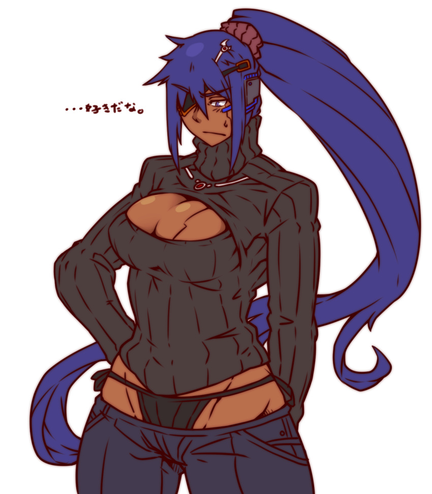 1girl bikini_jeans blue_eyes blue_hair breasts cleavage cleavage_cutout dark_skin denim eyepatch foxbat_(hutago) highres hutago jeans large_breasts long_hair lowleg lowleg_pants meme_attire open-chest_sweater original pants ponytail ribbed_sweater solo sweater very_long_hair