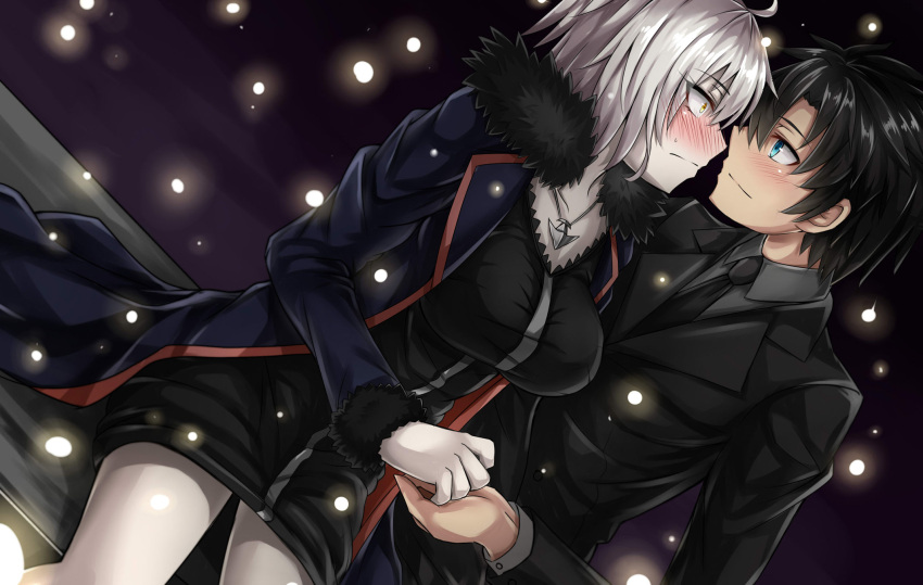 1boy 1girl black_hair blue_eyes blush coat couple dutch_angle embarrassed eye_contact eyebrows_visible_through_hair eyes_visible_through_hair face-to-face fate/grand_order fate_(series) fujimaru_ritsuka_(male) fur_trim hand_holding hetero highres jeanne_alter jewelry light_smile looking_at_another necktie pale_skin pendant profile ruler_(fate/apocrypha) sanmotogoroo short_hair silver_hair sitting sweatdrop winter_clothes yellow_eyes