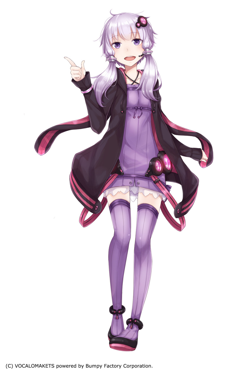 1girl ayakura_juu bracelet full_body headset highres hood hoodie jewelry looking_at_viewer official_art purple_hair short_hair_with_long_locks smile solo thigh-highs violet_eyes vocaloid voiceroid white_background yuzuki_yukari zettai_ryouiki