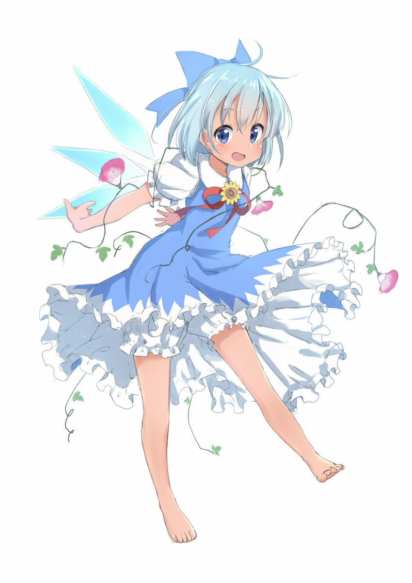 1girl barefoot blue_bow blue_dress blue_eyes blue_hair blush bow cirno commentary_request dress fang flower frilled_dress frills hair_bow hidden_star_in_four_seasons highres ice ice_wings looking_at_viewer open_mouth puffy_short_sleeves puffy_sleeves sekira_ame short_hair short_sleeves smile solo sunflower tan touhou wings