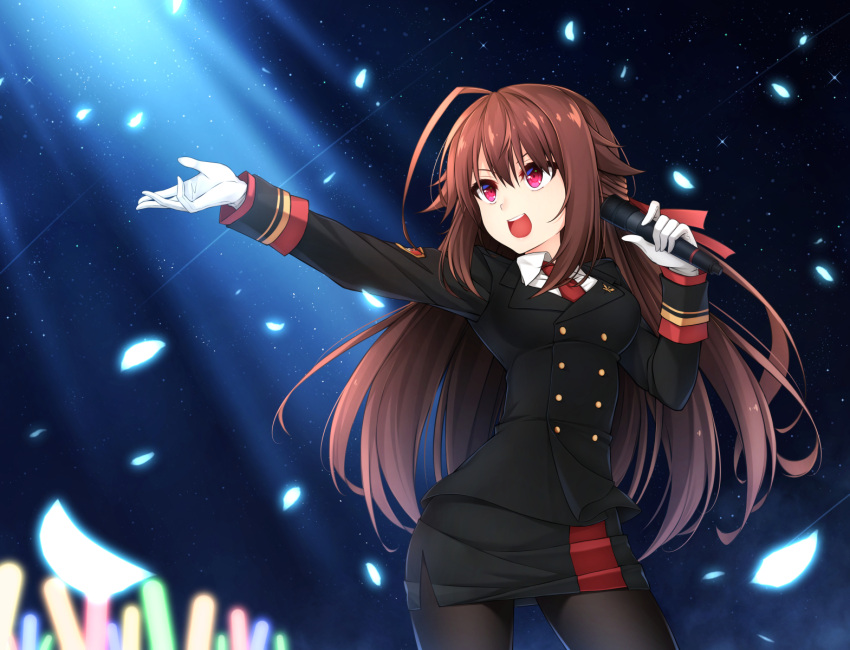 &gt;:d 1girl :d ahoge black_legwear black_skirt black_suit breasts brown_hair commentary confetti cowboy_shot double-breasted formal gloves glowing glowstick healther highres holding holding_microphone huge_ahoge legs_apart light_beam long_hair long_sleeves looking_away medium_breasts microphone military necktie night night_sky open_mouth original outstretched_arm pantyhose pencil_skirt red_eyes side_slit skirt sky smile solo star_(sky) starry_sky suit white_gloves