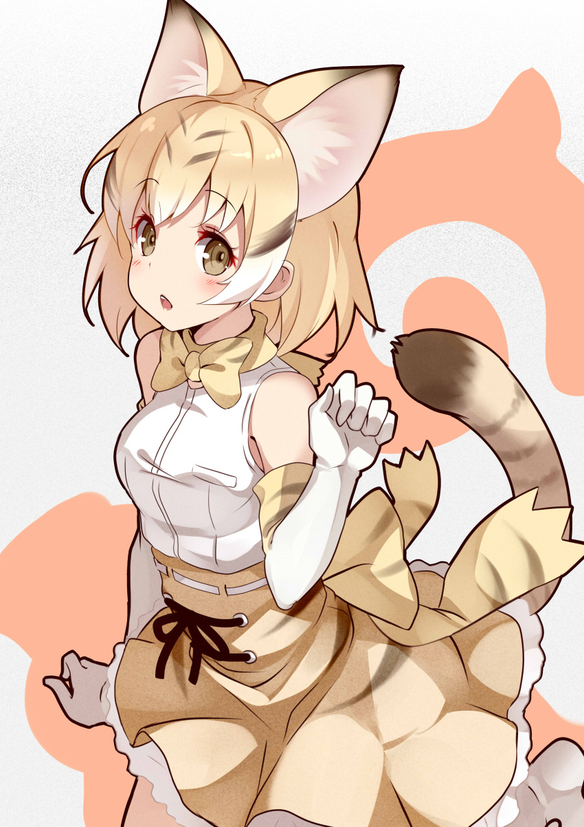 1girl absurdres animal_ears bare_shoulders blonde_hair blush bow bowtie breasts brown_eyes cat_ears cat_tail elbow_gloves gloves highres japari_symbol kemono_friends kujou_ichiso looking_at_viewer medium_breasts open_mouth sand_cat_(kemono_friends) short_hair sleeveless solo tail