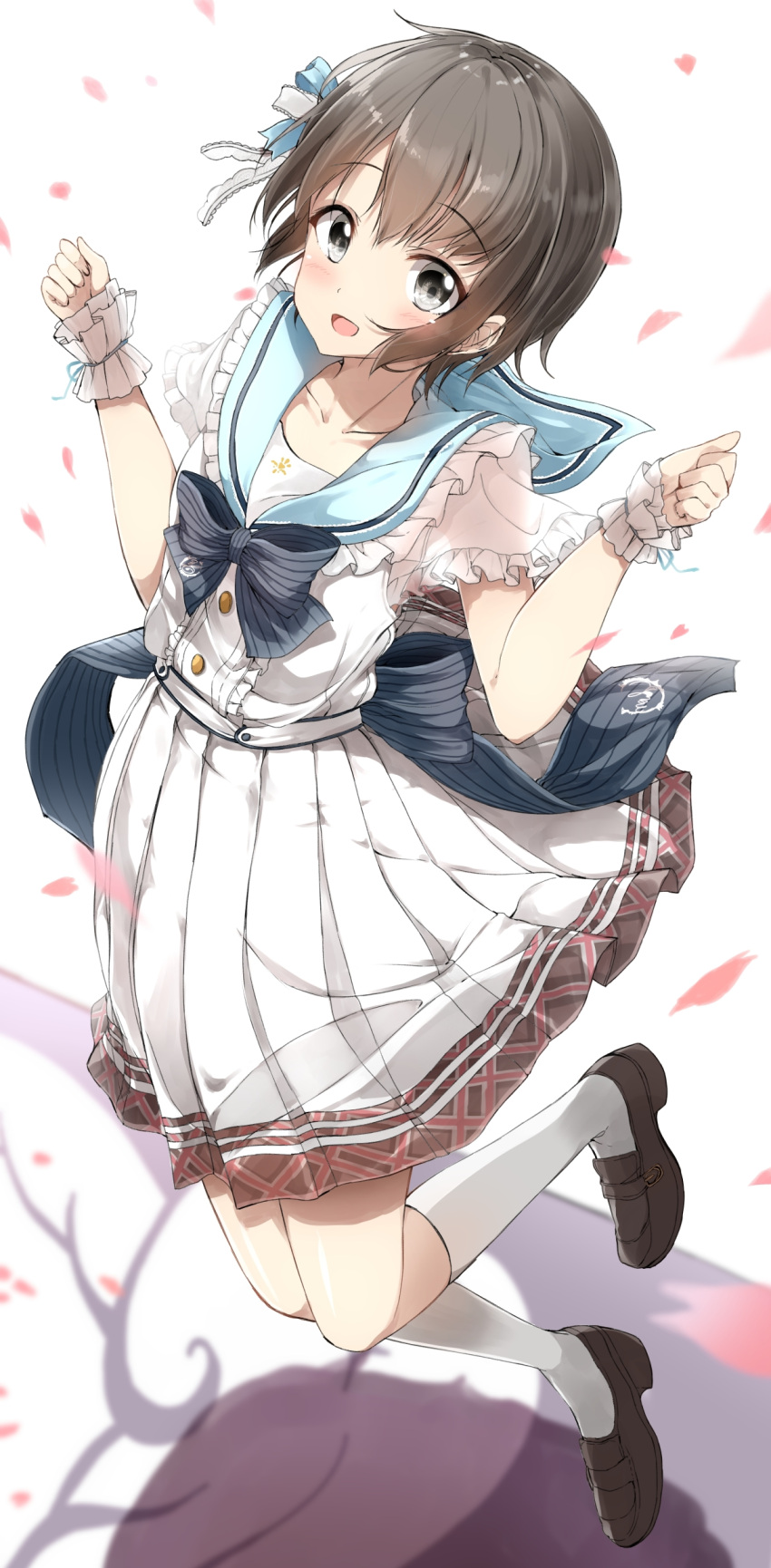 1girl absurdres black_eyes black_hair blurry blush cherry_blossoms collarbone depth_of_field dress full_body highres idolmaster idolmaster_cinderella_girls idolmaster_cinderella_girls_starlight_stage looking_at_viewer open_mouth otokura_yuuki pentagon_(railgun_ky1206) sailor_dress short_hair skirt smile solo wrist_cuffs