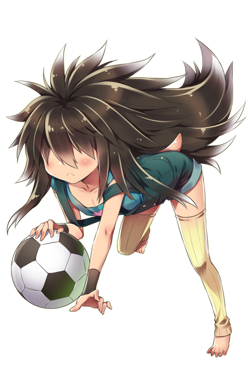 1boy all_fours ball barefoot brown_hair dochi_(soccer_spirits) frown full_body hair_over_eyes highres long_hair manle official_art soccer_ball soccer_spirits solo striped striped_legwear suspenders wristband yellow_legwear