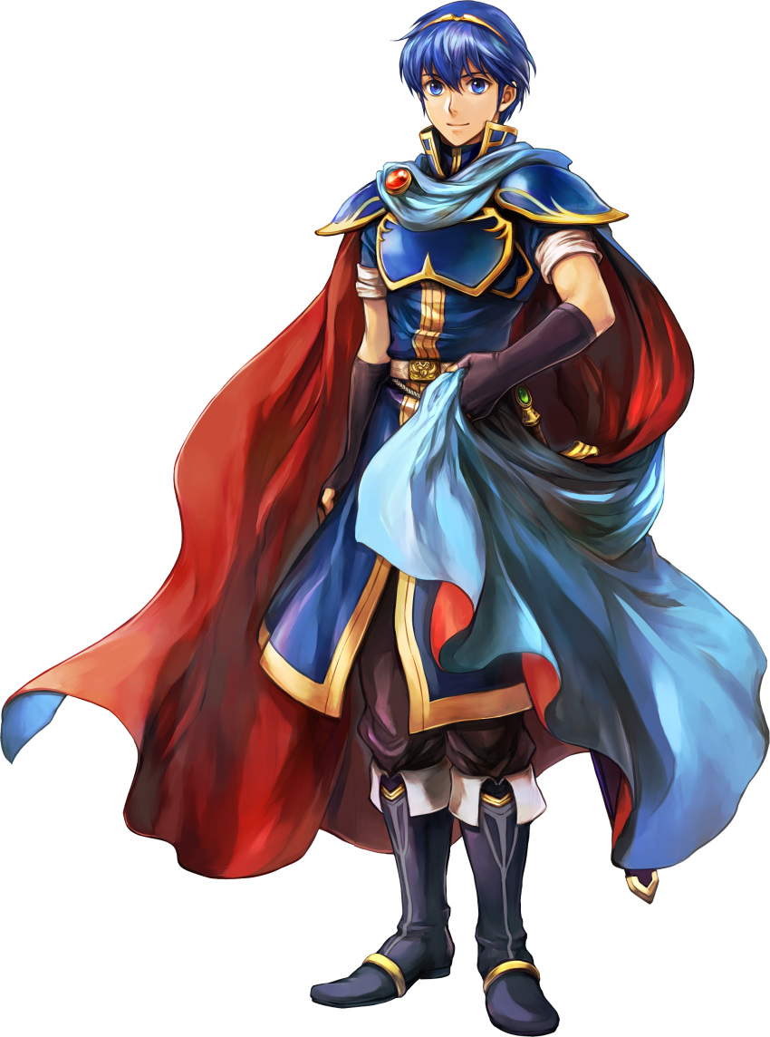 1boy absurdres armor belt blue_hair boots cape fingerless_gloves fire_emblem fire_emblem:_mystery_of_the_emblem fire_emblem_heroes full_body gloves highres holding knee_boots looking_at_viewer marth official_art pants short_hair sleeves_rolled_up smile solo standing sword tiara transparent_background wada_sachiko weapon