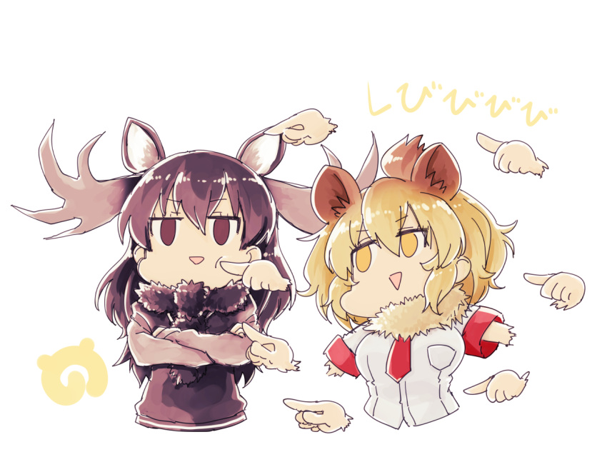 2girls animal_ears antlers cheek_poking japari_symbol kemono_friends lion_(kemono_friends) lion_ears long_hair moose_(kemono_friends) moose_ears multiple_girls poking shigatsu_shizuki translation_request