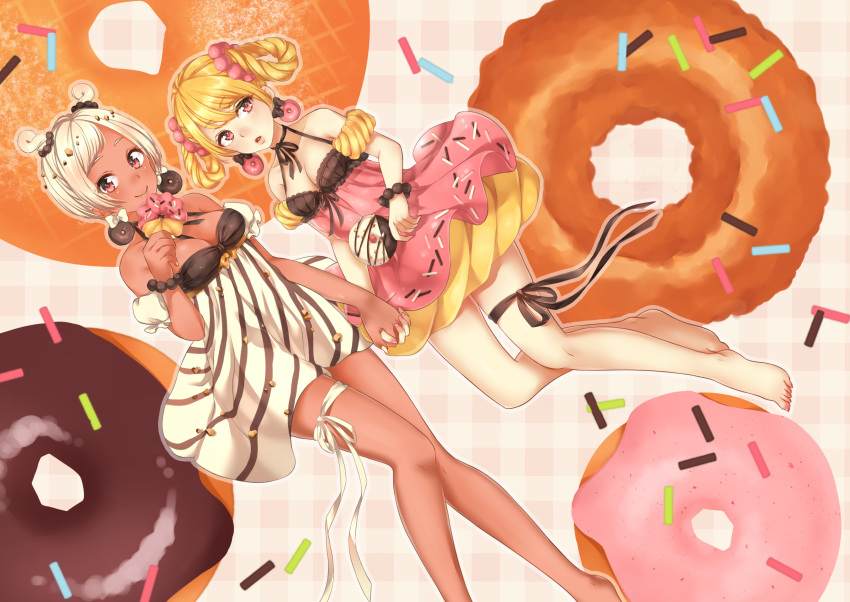 2girls bangs bare_legs bare_shoulders barefoot blonde_hair blush bracelet braid breasts choker cleavage cookie dark_skin detached_sleeves doughnut dress earrings food food_themed_clothes hair_ornament hand_holding long_hair open_mouth original personification pink_eyes plaid_background ribbon ribbon_choker short_hair short_twintails smile sprinkles striped_dress swept_bangs thigh_ribbon twin_braids twintails white_hair