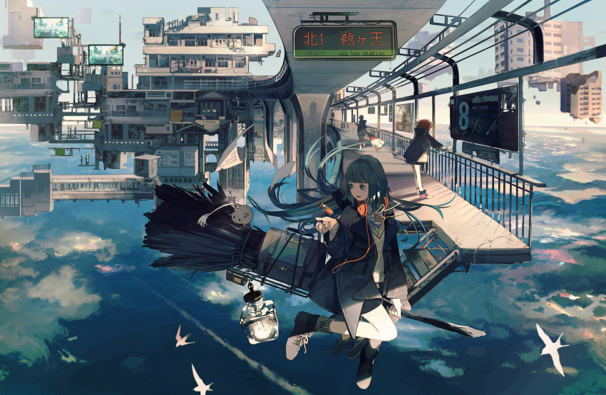 3girls animal bag bangs bird black_hair black_skirt blunt_bangs broom broom_riding brown_coat building clouds coat collared_shirt cross-laced_footwear dress_shirt floating_hair floating_island ground_vehicle hand_up headphones headphones_around_neck highres hime_cut holding holding_broom kukka long_hair midair multiple_girls neck_ribbon open_clothes open_coat open_mouth original pleated_skirt railing rat ribbon ruins scenery school_bag school_uniform shirt shoes short_hair sitting_on_broom skirt sky socks stairs sweater_vest teeth train train_station tube white_shirt wind yellow_ribbon