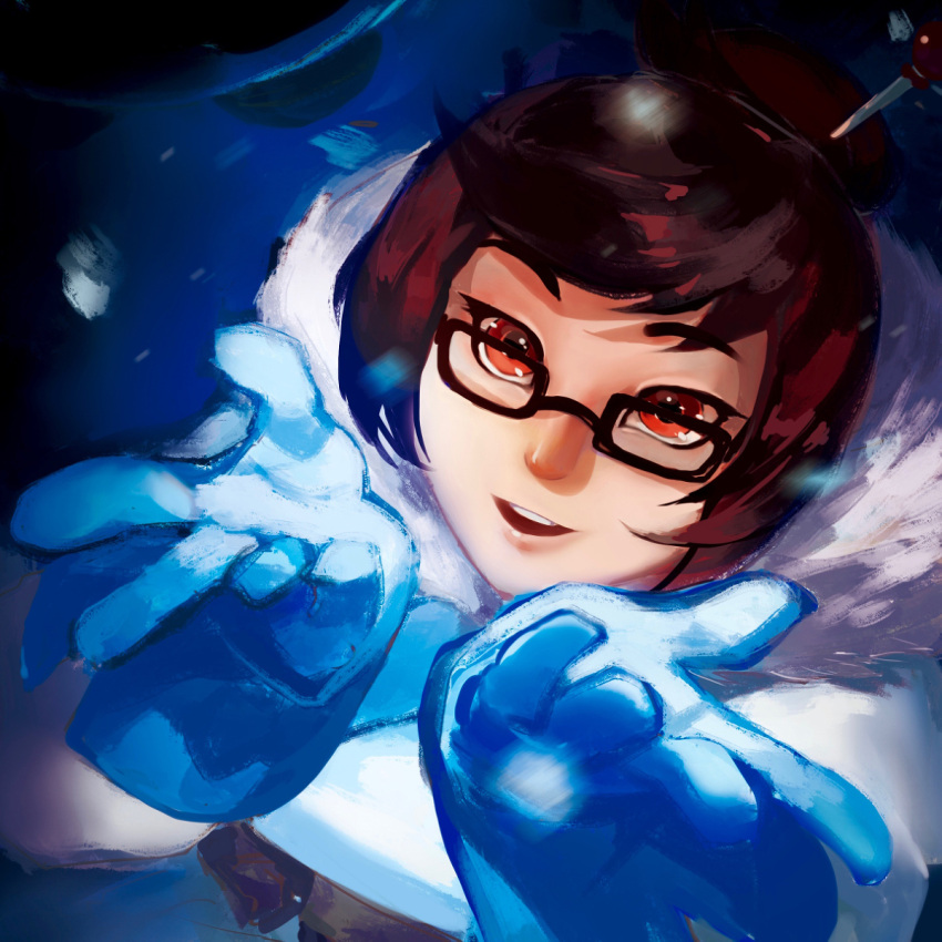 1girl brown_eyes brown_hair coat fur_coat glasses gloves hairpin happy mei_(overwatch) mei_ling-zhou overwatch parka short_hair smile