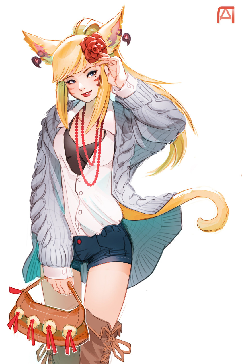 1girl absurdres animal_ears blonde_hair blue_eyes casual cat_ears cat_tail earrings facial_mark final_fantasy final_fantasy_xiv flower hair_flower hair_ornament highres jewelry long_hair miqo'te necklace pechan shorts simple_background solo standing tail