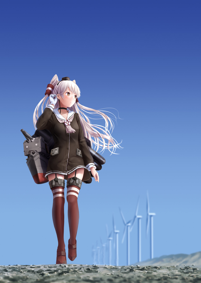 1girl adjusting_hair amatsukaze_(kantai_collection) arm_at_side black_hat blue_sky blurry brown_eyes brown_shirt choker collarbone day depth_of_field empty_eyes garter_straps hair_tubes hairband hat highres kantai_collection long_hair long_sleeves machinery mini_hat o_o outdoors papi_(papiron100) path red_legwear red_shoes rensouhou-kun revision road robot rock scenery shirt shoes silver_hair sky solo thigh-highs torpedo twintails very_long_hair walking wind wind_turbine windmill