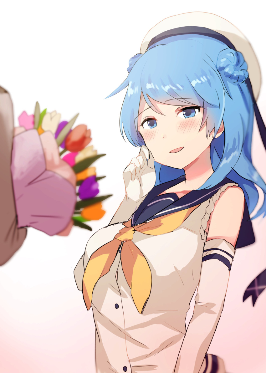 1girl absurdres blue_eyes blue_hair blush bouquet double_bun elbow_gloves flower gloves hat highres kantai_collection long_hair looking_at_another neckerchief open_mouth sailor_hat school_uniform senbei_(senbe_i) serafuku sleeves_rolled_up smile solo_focus urakaze_(kantai_collection)