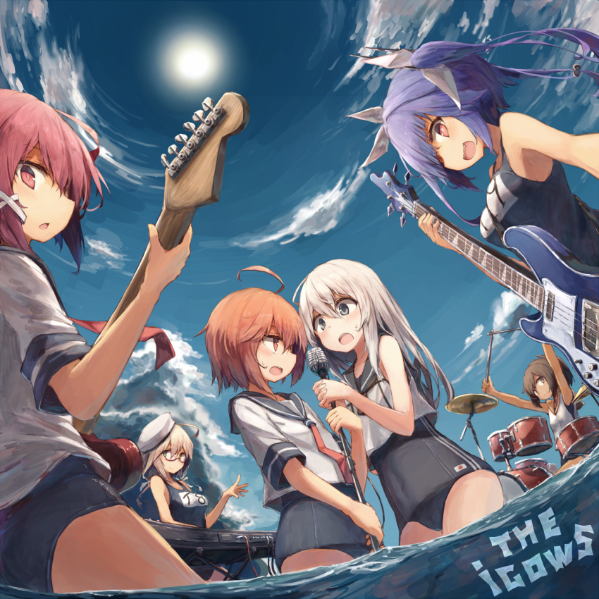 6+girls :d ahoge armpits arms_up bass_guitar beize_(garbage) between_breasts blue_eyes blue_hair blue_sky blush breasts brown_hair day drum drum_set drumsticks dutch_angle fingernails fisheye flat_chest from_below glasses hair_ornament hat highres i-168_(kantai_collection) i-19_(kantai_collection) i-401_(kantai_collection) i-58_(kantai_collection) i-8_(kantai_collection) instrument kantai_collection keyboard_(instrument) light_brown_hair long_fingernails medium_breasts microphone microphone_stand multiple_girls open_mouth outdoors pink_eyes pink_hair red-framed_eyewear ro-500_(kantai_collection) sailor_collar school_swimsuit semi-rimless_glasses silver_hair sky smile star star-shaped_pupils strap_cleavage sweatdrop swimsuit symbol-shaped_pupils tan twintails under-rim_glasses wading