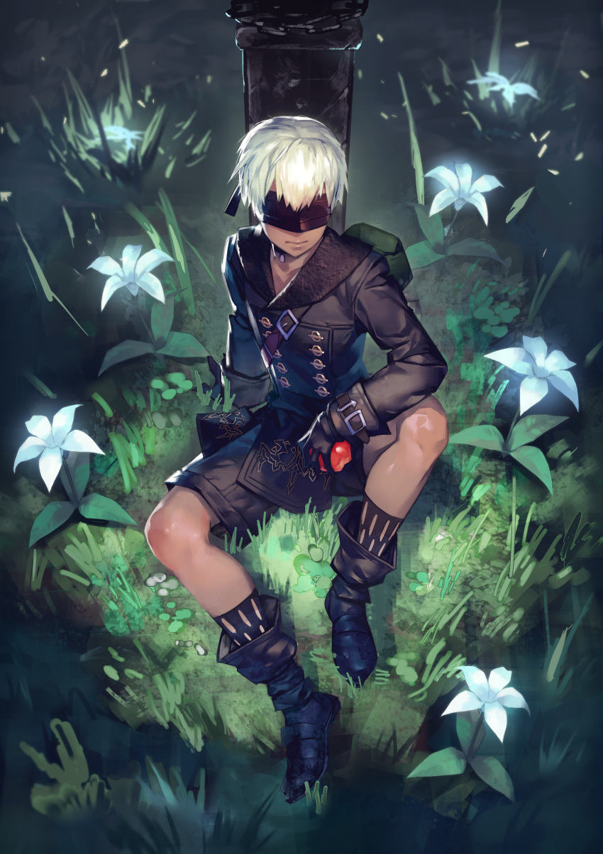 1boy absurdres android apple blindfold boots buckle buttons chains choker flower food fruit gloves glowing grass highres holding holding_fruit katahira_(hiyama) male_focus nier_(series) nier_automata patterned_clothing pod_(nier_automata) short_hair shorts sitting solo strap sword weapon white_flower white_hair yorha_no._9_type_s