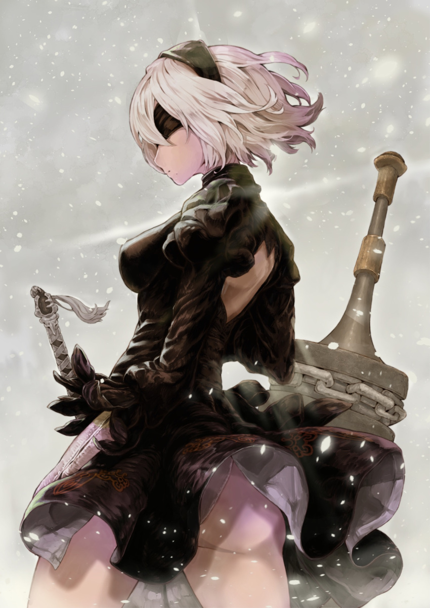 ass black_gloves black_legwear blindfold breasts cleavage dai_(eiji0417) dress from_behind gloves hairband high_heels highres leotard mole mole_under_mouth multicolored multicolored_clothes multicolored_gloves nier_(series) nier_automata open-back_dress short_hair skindentation skirt thigh-highs thighs white_gloves white_hair white_leotard yorha_no._2_type_b