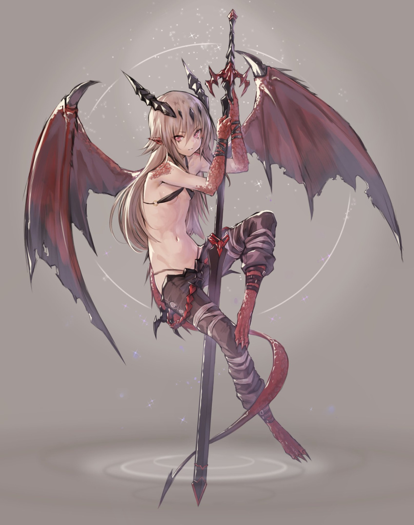 1girl arm_belt bare_shoulders breasts deluxe&lt;&lt;&lt; dragon_girl dragon_wings full_body grey_background grey_hair hair_between_eyes highres horns huge_weapon leg_belt long_hair looking_at_viewer lowleg lowleg_pants monster_girl navel original pants pink_eyes pointy_ears ripples scales small_breasts solo stomach sword tail talons weapon wings