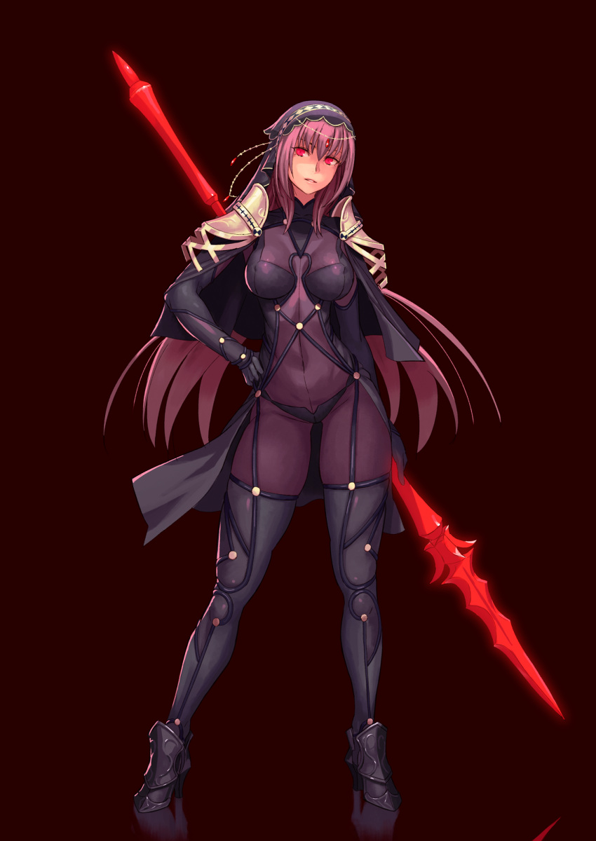 1girl armor bodysuit breasts breasts_apart covered_navel cowboy_shot erect_nipples fate/grand_order fate_(series) full_body gae_bolg glowing glowing_eyes hand_on_hip high_heels highres holding holding_weapon long_hair looking_to_the_side medium_breasts parted_lips pauldrons pink_hair polearm purple_bodysuit red_eyes reflective_floor scathach_(fate/grand_order) shoulder_armor solo spear very_long_hair weapon yuuji_(and)