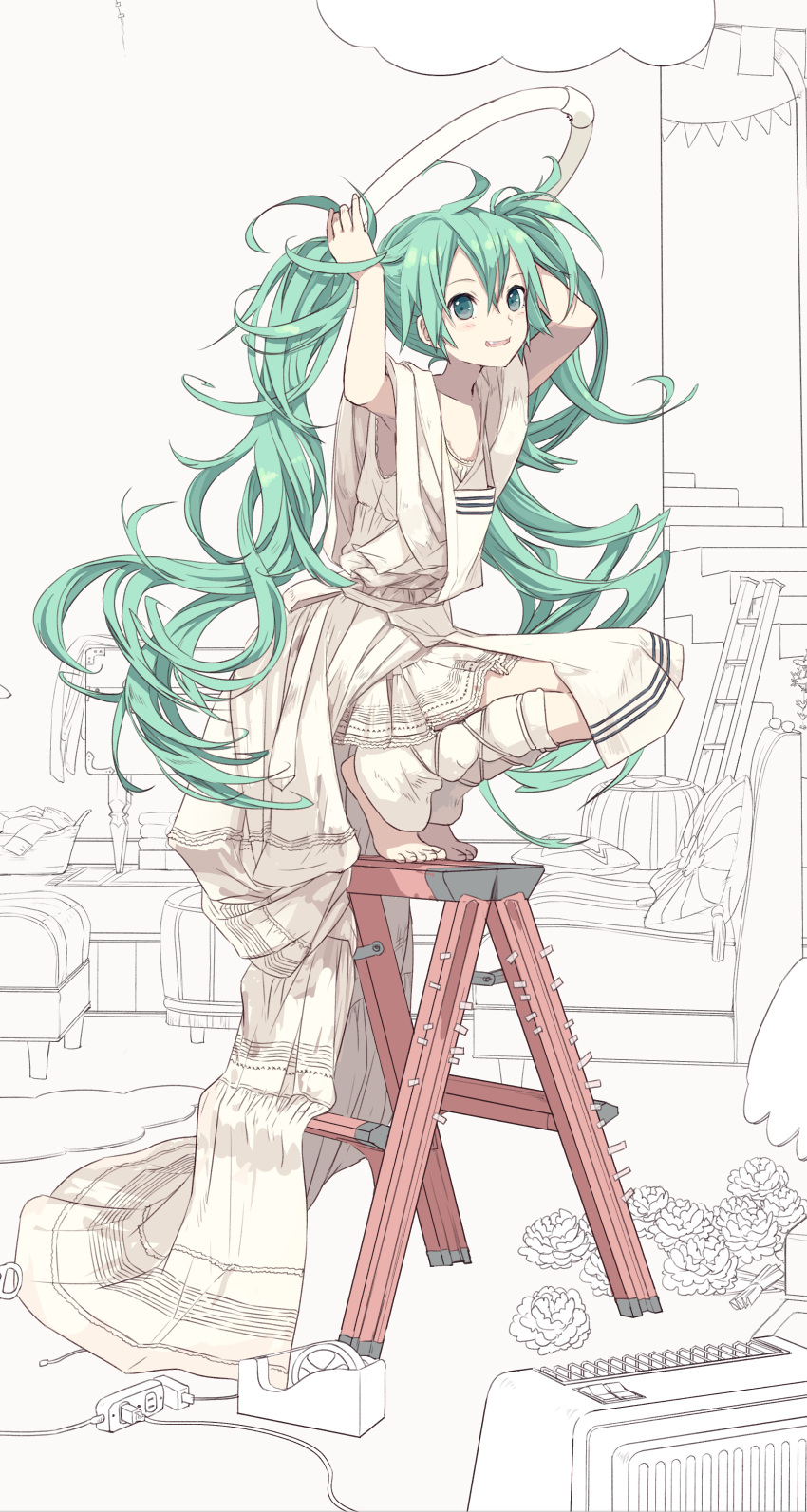 1girl absurdres arms_up barefoot blue_eyes bow dress flat_chest full_body green_hair hair_bow hatsune_miku highres holding indoors ixima long_hair short_dress solo squatting twintails very_long_hair vocaloid white_dress white_legwear
