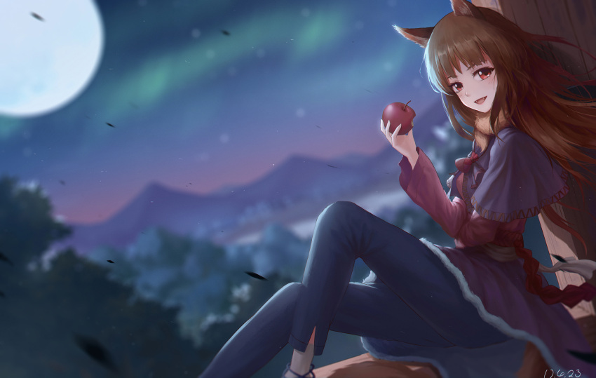 1girl animal_ears apple artist_request blurry blurry_background brown_hair fang food fruit highres holding holding_fruit holo long_hair looking_at_viewer night night_sky open_mouth pouch red_eyes sitting sky solo spice_and_wolf tail wind wolf_ears wolf_tail