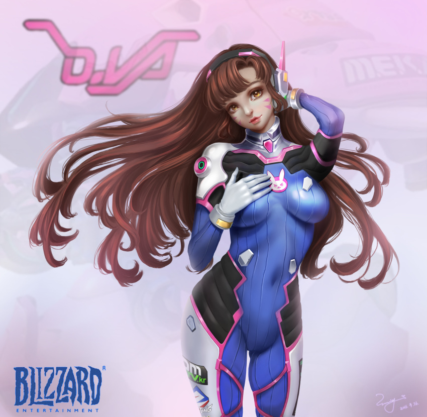 1girl 2016 absurdres acronym animal_print bangs blizzard_(company) blue_bodysuit bodysuit boots bracer breasts breasts_apart brown_eyes brown_hair bunny_print character_name charity_chan closed_mouth covered_navel cowboy_shot d.va_(overwatch) dated emblem eyelashes facepaint facial_mark gloves gluteal_fold hand_on_breast hand_on_headphones hand_on_own_chest hand_on_own_head hand_to_head hands_up headphones high_collar highres large_breasts legs_apart lipstick logo long_hair looking_at_viewer makeup mecha medium_breasts meka_(overwatch) overwatch pauldrons pilot_suit pink_lips pink_lipstick ribbed_bodysuit shiny shiny_clothes shoulder_pads signature skin_tight skindentation solo swept_bangs thigh-highs thigh_boots thigh_strap whisker_markings white_boots white_gloves