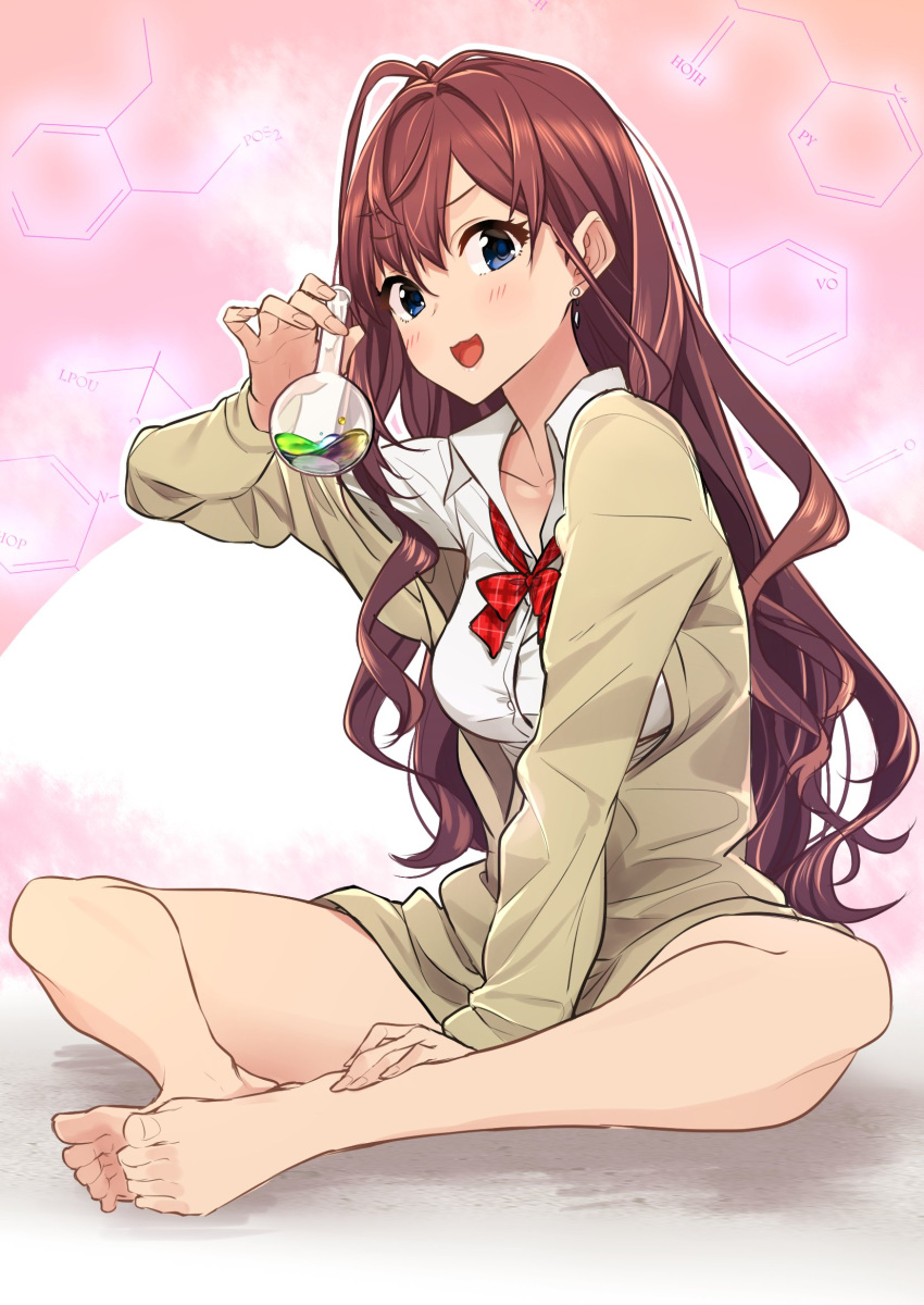 1girl baffu barefoot blue_eyes blush bow bowtie breasts brown_hair chemical_structure collarbone commentary_request earrings feet feet_together flask hand_on_leg highres ichinose_shiki idolmaster idolmaster_cinderella_girls indian_style jacket jewelry legs long_hair looking_at_viewer looking_to_the_side medium_breasts open_clothes open_jacket open_mouth pink_background red_bow red_bowtie shirt sitting smile solo toes wavy_hair white_shirt