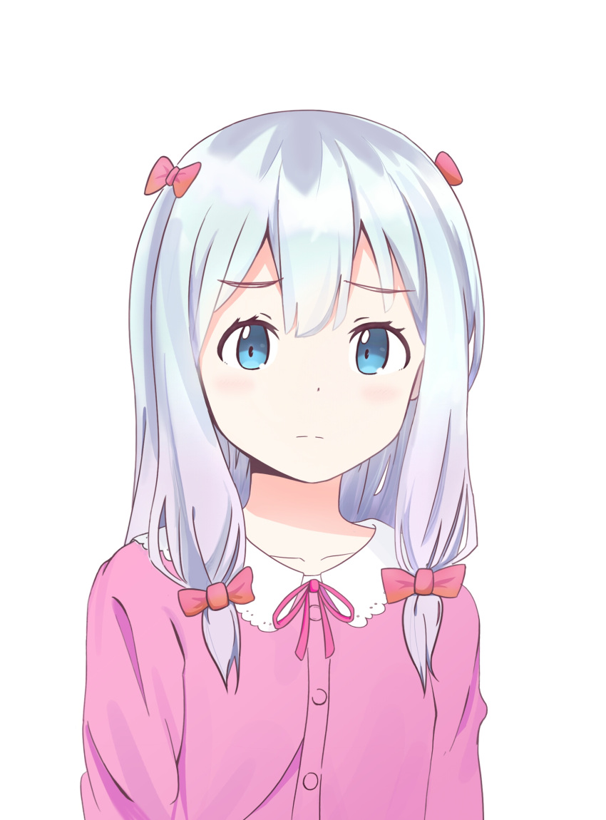 1girl arms_at_sides bangs blue_eyes blush bow closed_mouth collarbone commentary eromanga_sensei eyebrows_visible_through_hair hair_bow highres izumi_sagiri long_hair looking_at_viewer noven official_style pajamas pink_bow silver_hair simple_background solo upper_body white_background