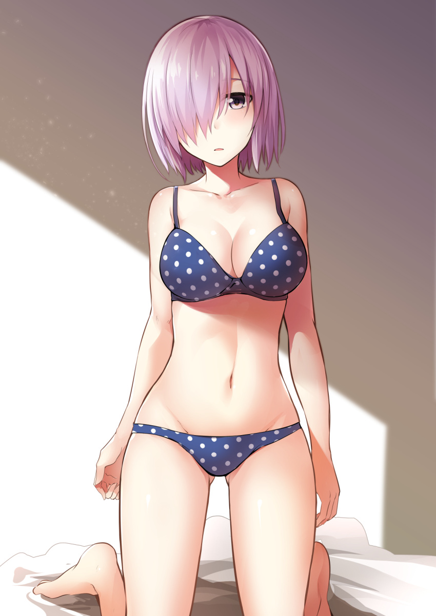 1girl arms_at_sides bad_anatomy bangs bare_arms bare_legs bare_shoulders barefoot bed blue_bra blue_panties blush bra breasts cleavage collarbone expressionless fate/grand_order fate_(series) groin hair_over_one_eye highres indoors ishima_yuu kneeling large_breasts lavender_hair looking_at_viewer lowleg lowleg_panties navel on_bed panties polka_dot polka_dot_bra polka_dot_panties shadow shielder_(fate/grand_order) shiny shiny_hair shiny_skin short_hair sideboob simple_background solo stomach sunlight underwear underwear_only violet_eyes