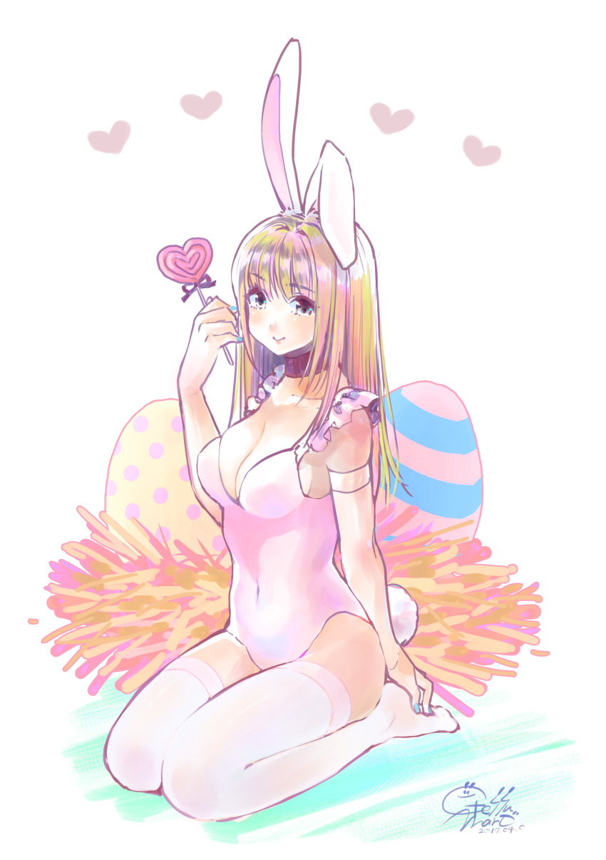 1girl absurdres animal_ears blonde_hair blue_eyes blue_nails breasts bunny_tail bunnysuit candy cleavage covered_navel easter_egg food geshumaro highres lollipop long_hair looking_at_viewer nail_polish original rabbit_ears seiza sitting smile solo tail thigh-highs white_legwear