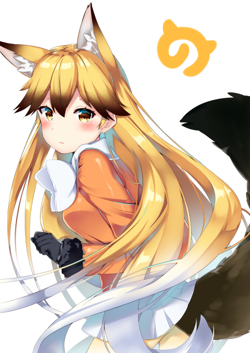 1girl :/ akino_(1i1i1i1i) animal_ears black_gloves blonde_hair blush brown_eyes brown_hair clenched_hand closed_mouth eyebrows_visible_through_hair ezo_red_fox_(kemono_friends) fox_ears fox_tail from_side fur_trim gloves gradient_hair hair_between_eyes highres japari_symbol kemono_friends long_hair looking_to_the_side multicolored_hair orange_coat pantyhose pleated_skirt skirt solo tail white_hair white_skirt yellow_legwear