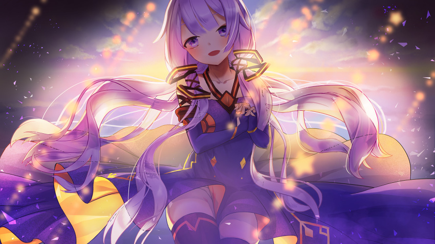 1girl :d azur_lane bangs bare_shoulders black_legwear blue_sky clouds collarbone cosplay day dress elbow_gloves fingerless_gloves fingernails gloves hair_ornament halterneck hands_clasped head_tilt highres kyoungi_nyang long_hair open_mouth outdoors own_hands_together panties pantyshot pantyshot_(sitting) purple_dress purple_gloves purple_hair sitting sky smile solo thigh-highs underwear unicorn_(azur_lane) very_long_hair violet_eyes vocaloid vocanese white_panties xingchen xingchen_(cosplay)