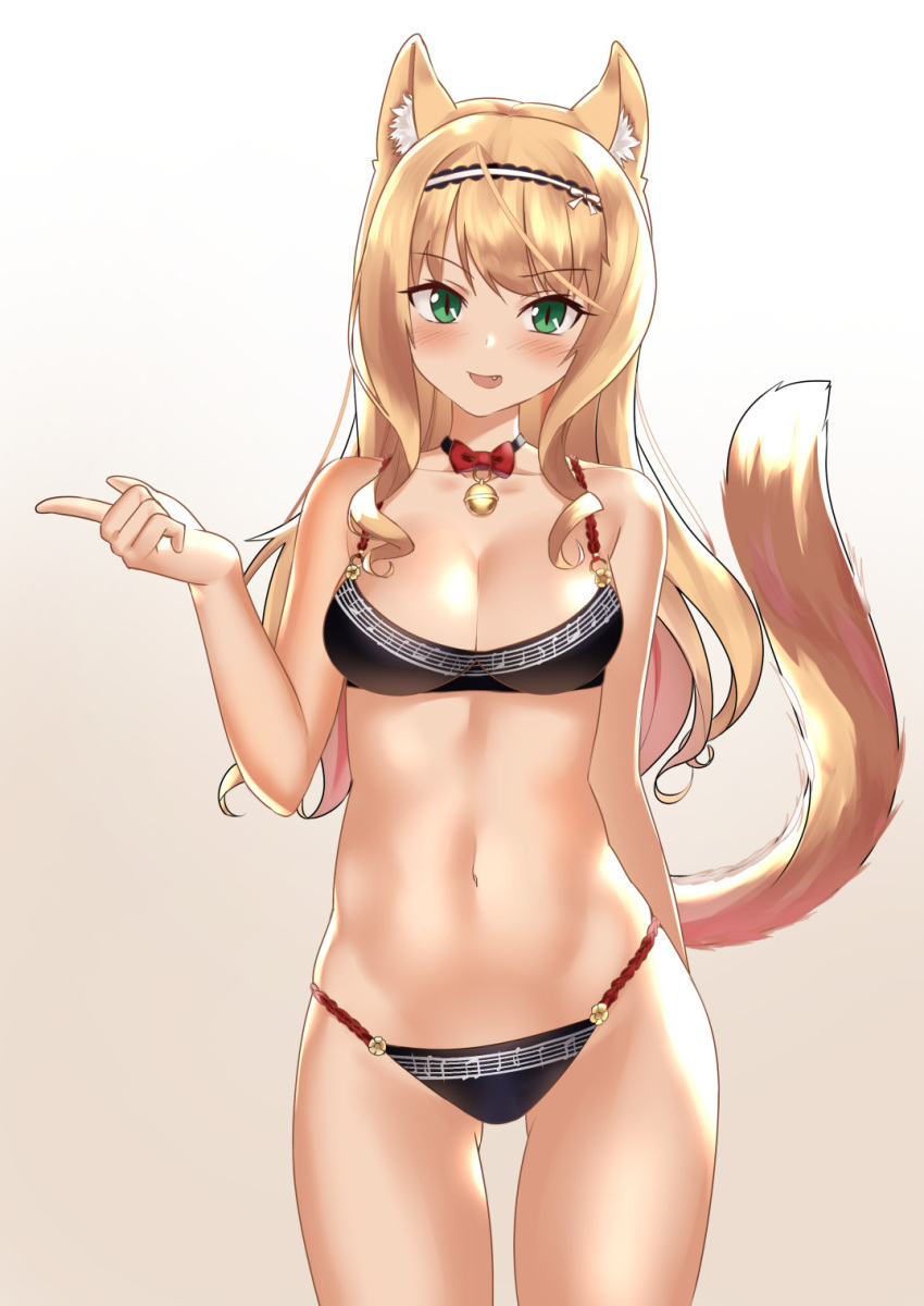 &gt;:d 1girl :d animal_ears arm_behind_back bell black_bra black_panties blonde_hair blush bow bowtie bra breasts cat_ears cat_tail cleavage commentary cowboy_shot curly_hair derivative_work eyebrows_visible_through_hair fang gluteal_fold gradient gradient_background green_eyes headdress highres index_finger_raised jingle_bell kaafi long_hair looking_at_viewer maple_(sayori) medium_breasts musical_note musical_note_print navel nekopara open_mouth panties print_bra print_panties sidelocks simple_background slit_pupils smile solo tail underwear underwear_only